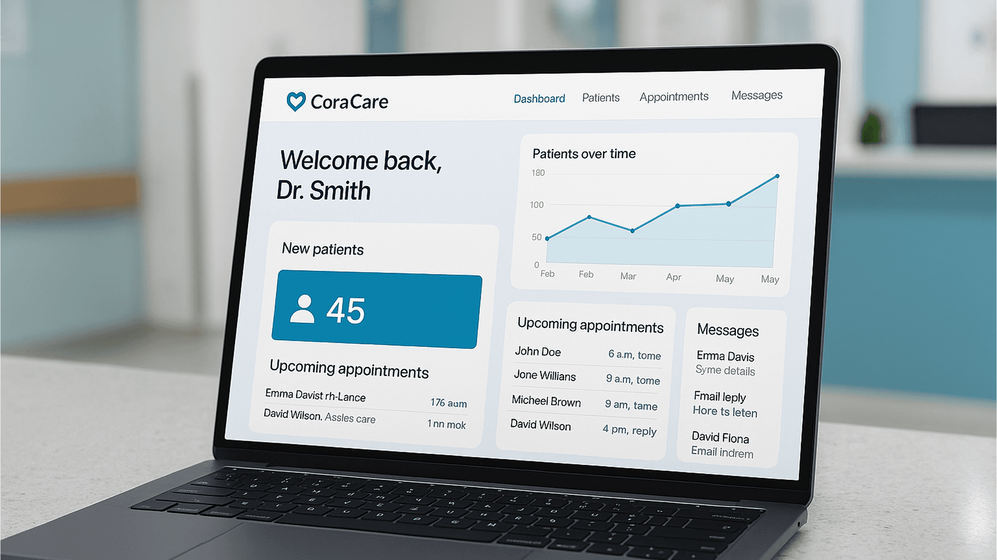 CoraCare EMR dashboard showing patients, appointments, and messages