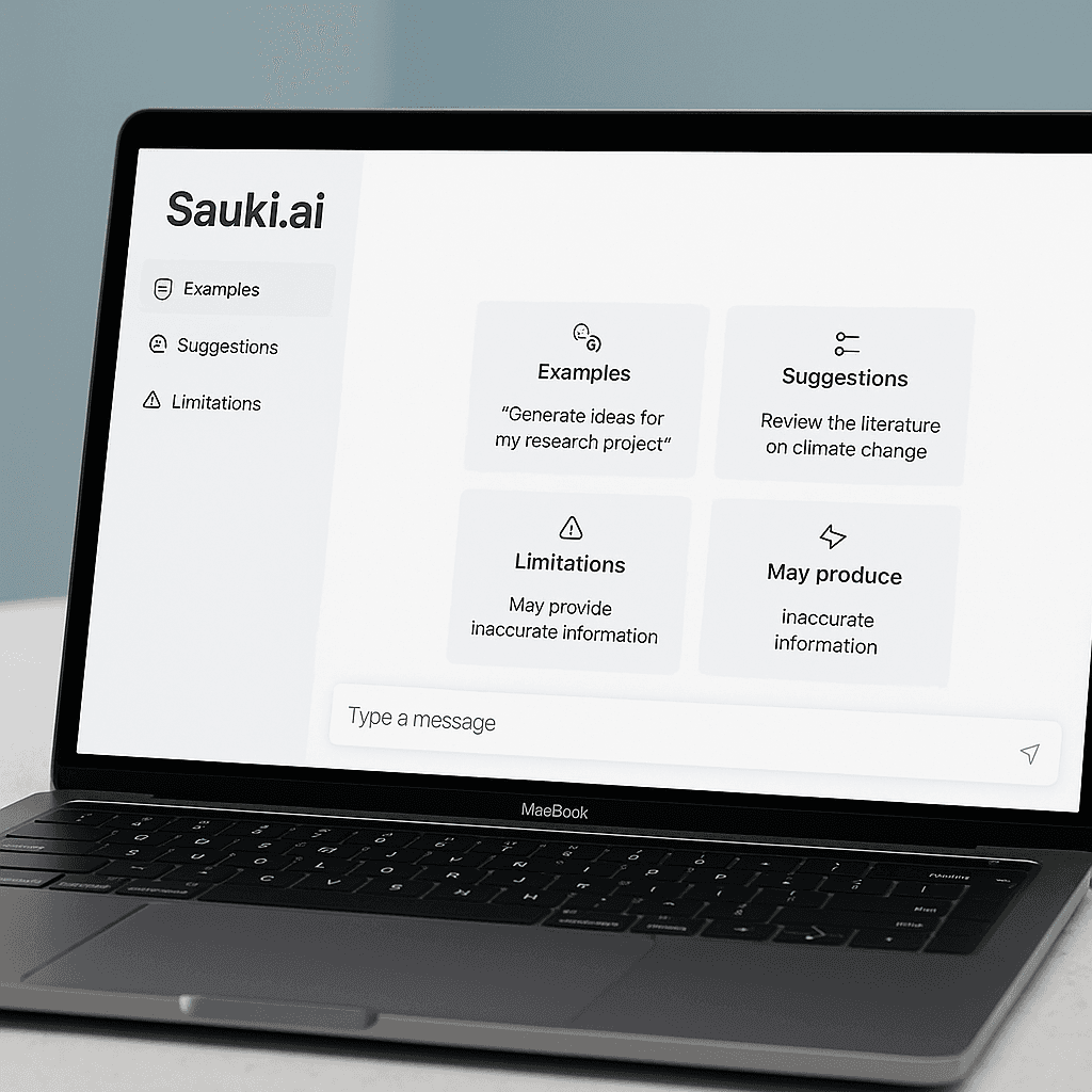 Sauki AI interface showing examples and suggestions